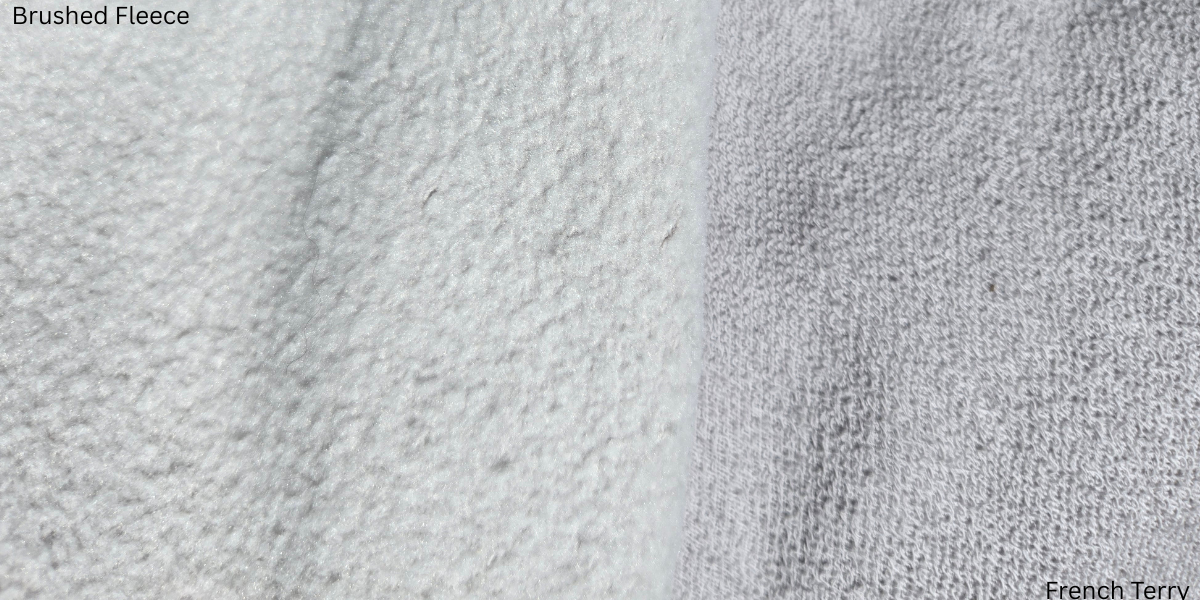 closeup comparison image of the fabric interior of brushed fleece and french terry