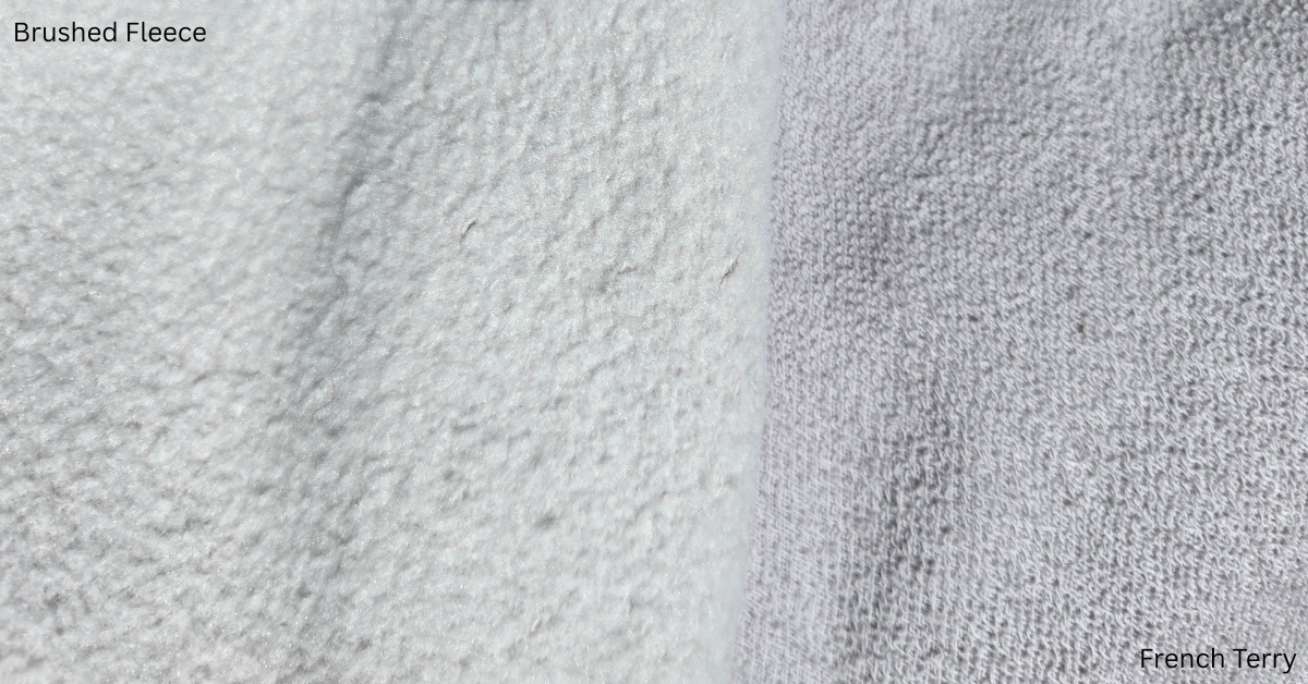 closeup comparison image of the fabric interior of brushed fleece and french terry