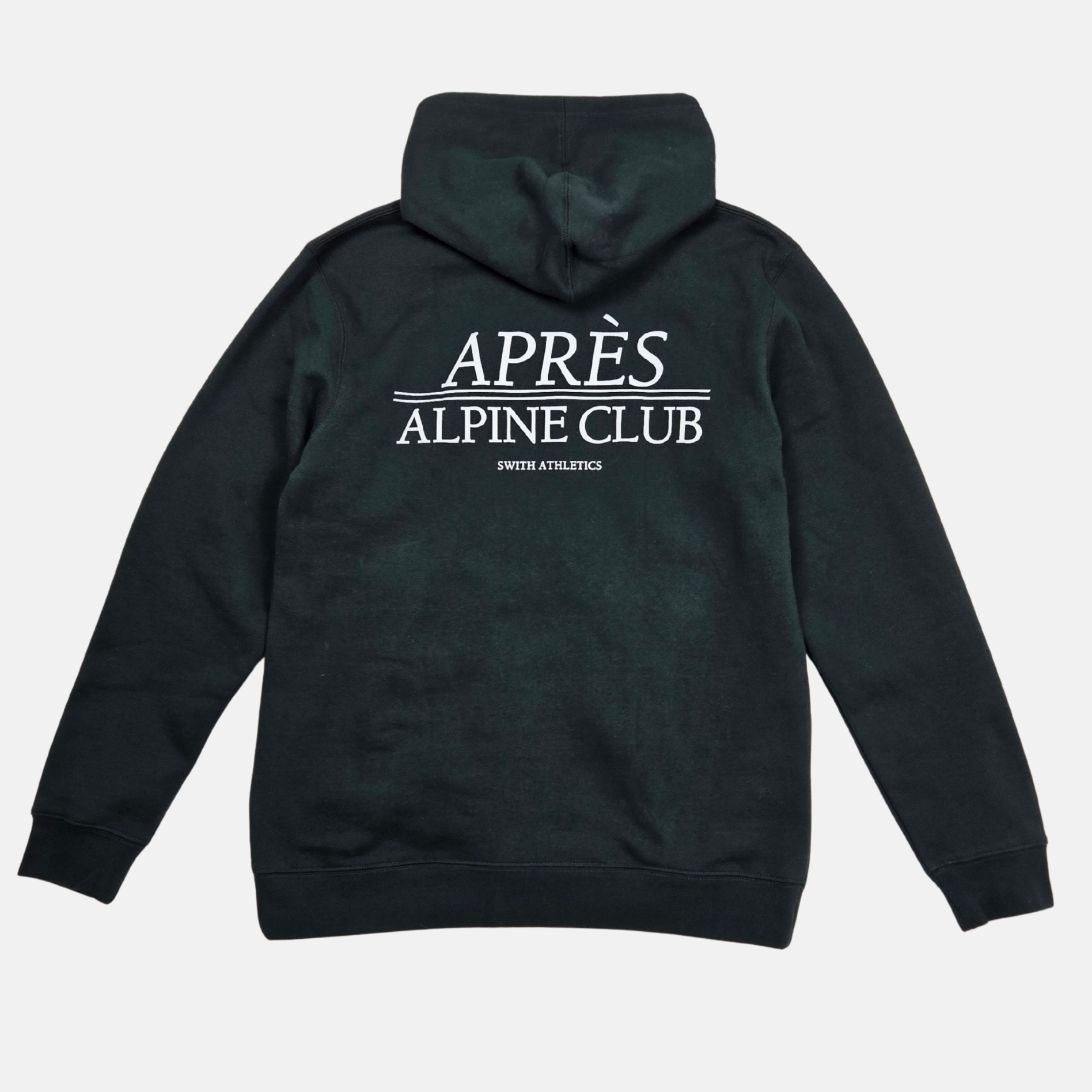 swith apres alpine club fleece hoodie in dark green with 'APRèS ALPINE CLUB' text  in off-white on the back against a white background