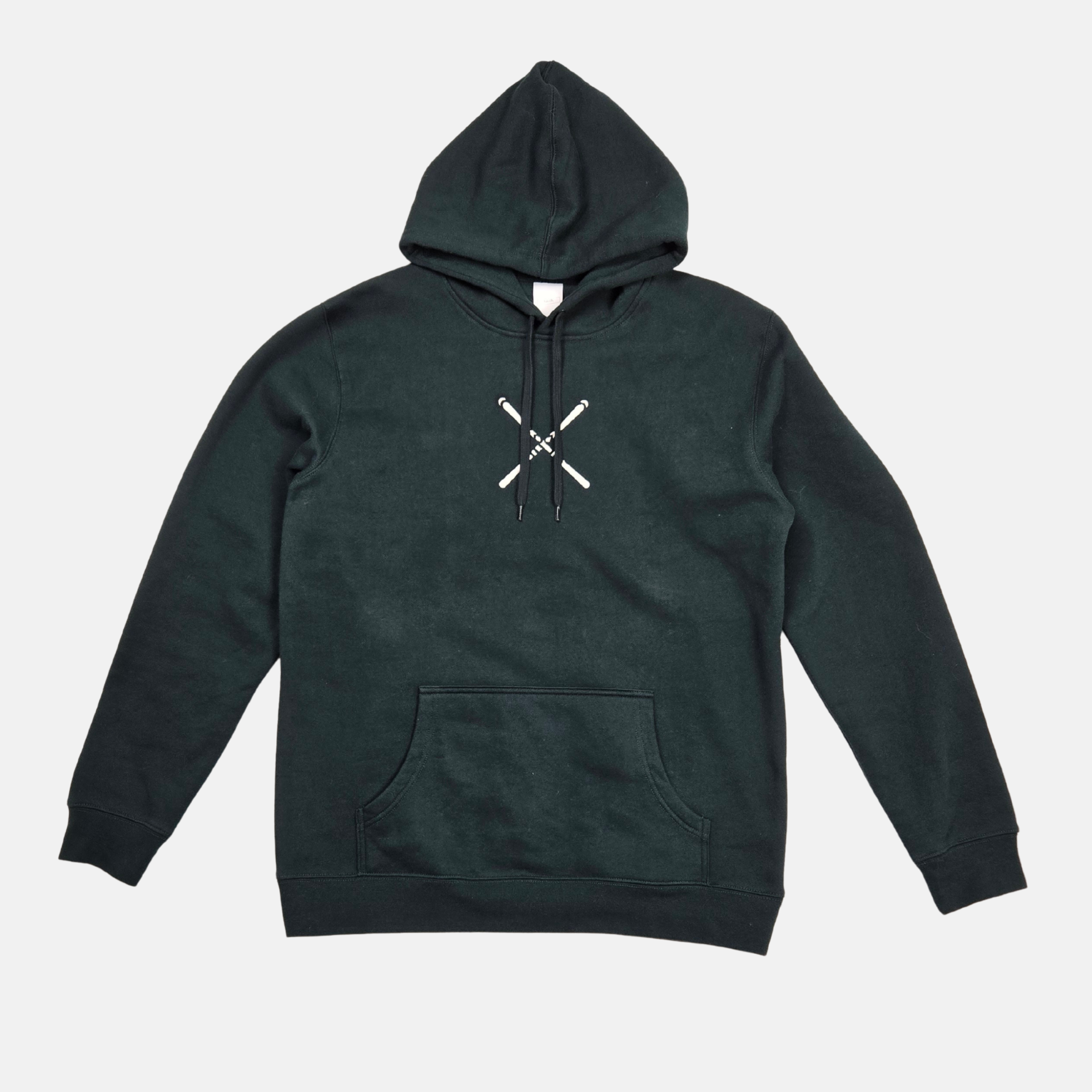 swith apres alpine club fleece hoodie in dark green with an embroidered crossed ski logo in off-white on the center chest on a light gray background