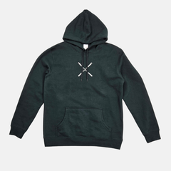 swith apres alpine club fleece hoodie in dark green with an embroidered crossed ski logo in off-white on the center chest on a light gray background