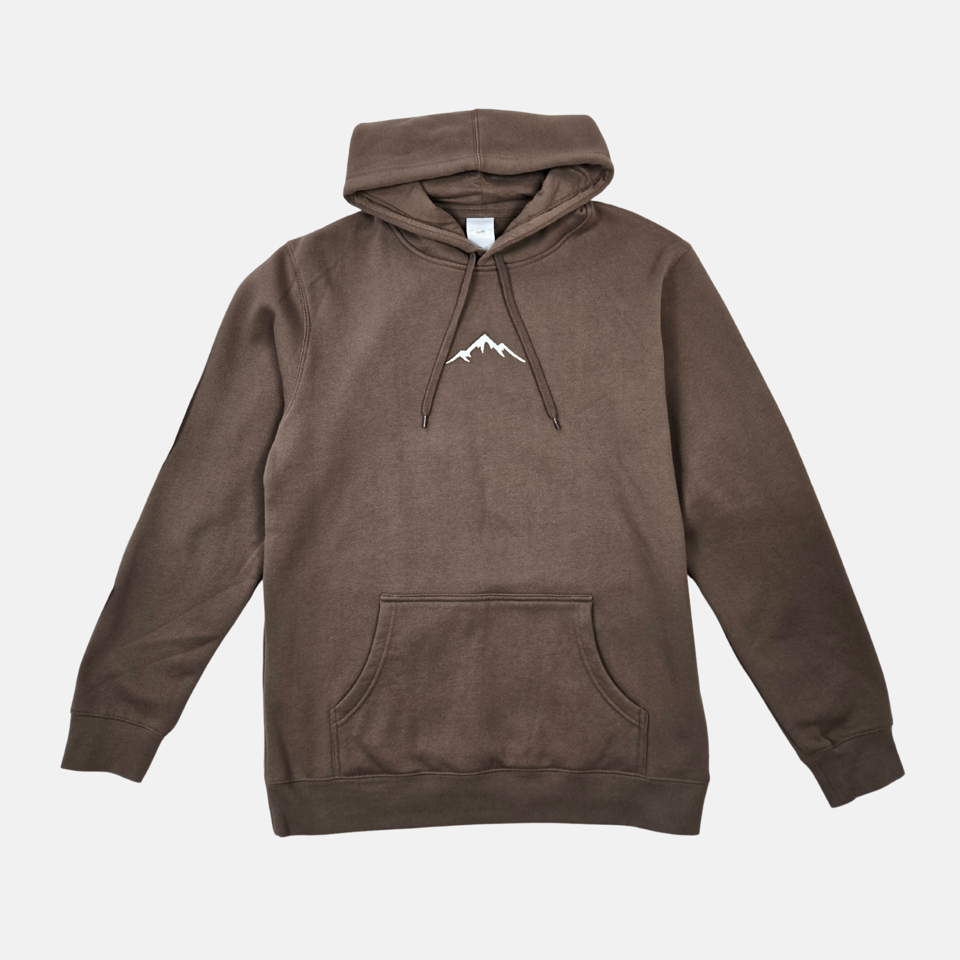 swith backcountry ski club fleece hoodie in brown with embroider mountain outline on front center chest on a white background