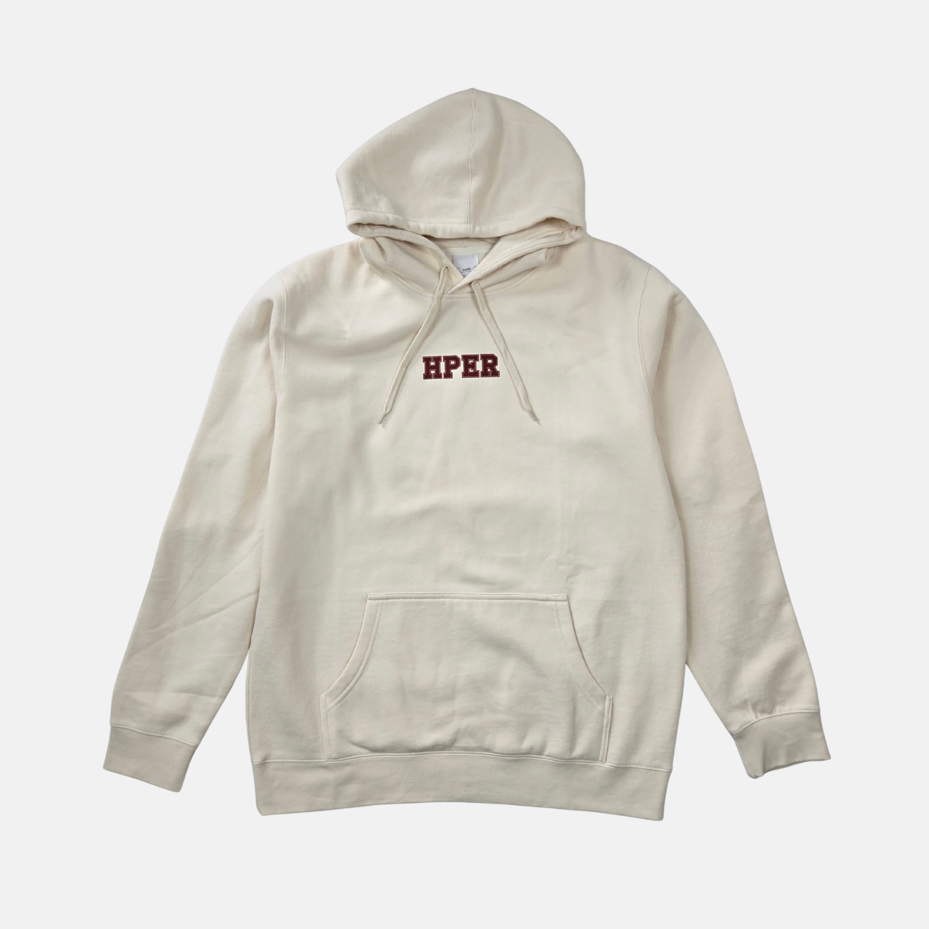 swith hper fleece cream hoodie with 'HPER' logo in crimson on a white background from the front