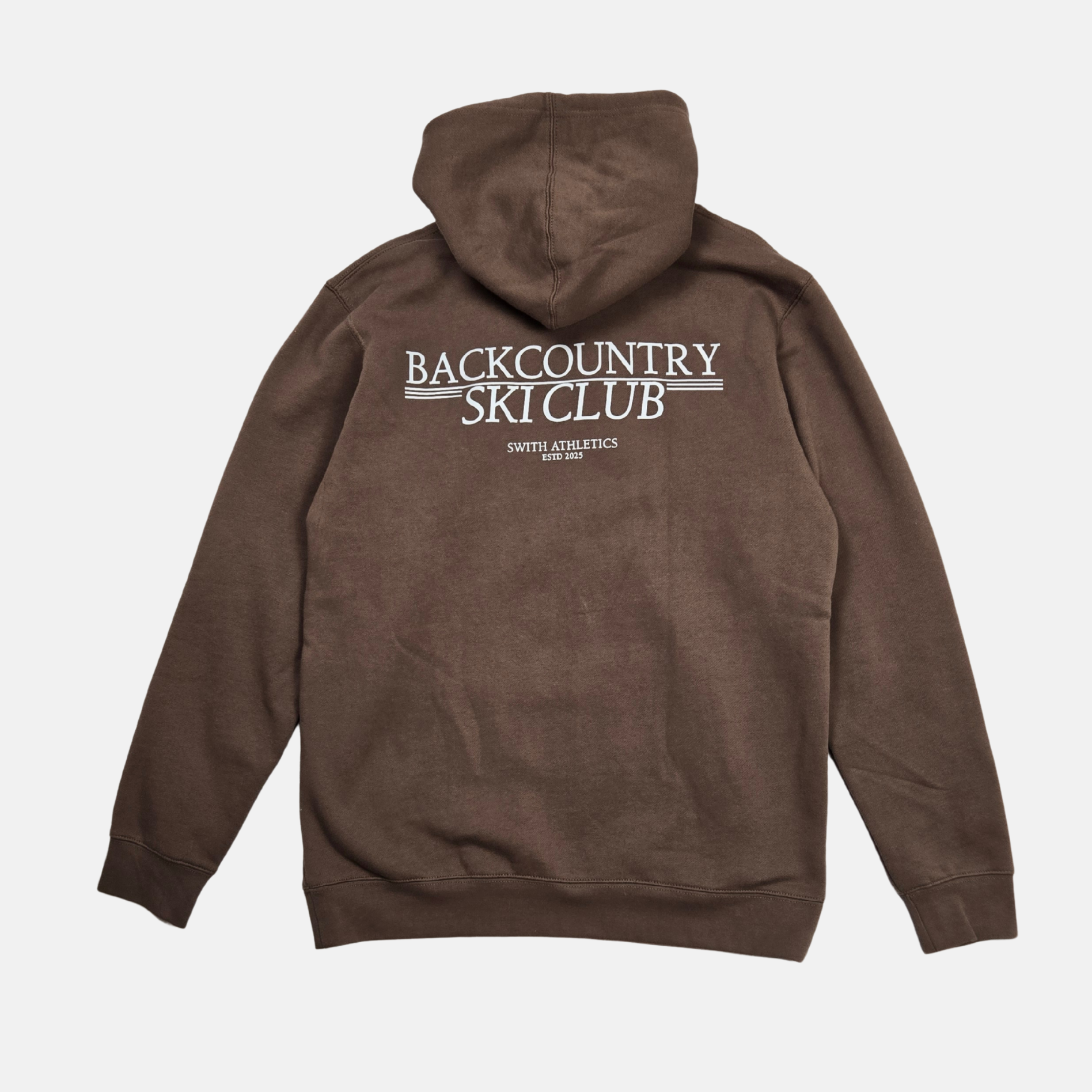 swith backcountry ski club hoodie in brown with 'Backcountry Ski Club' text in off-white on the back against a white background