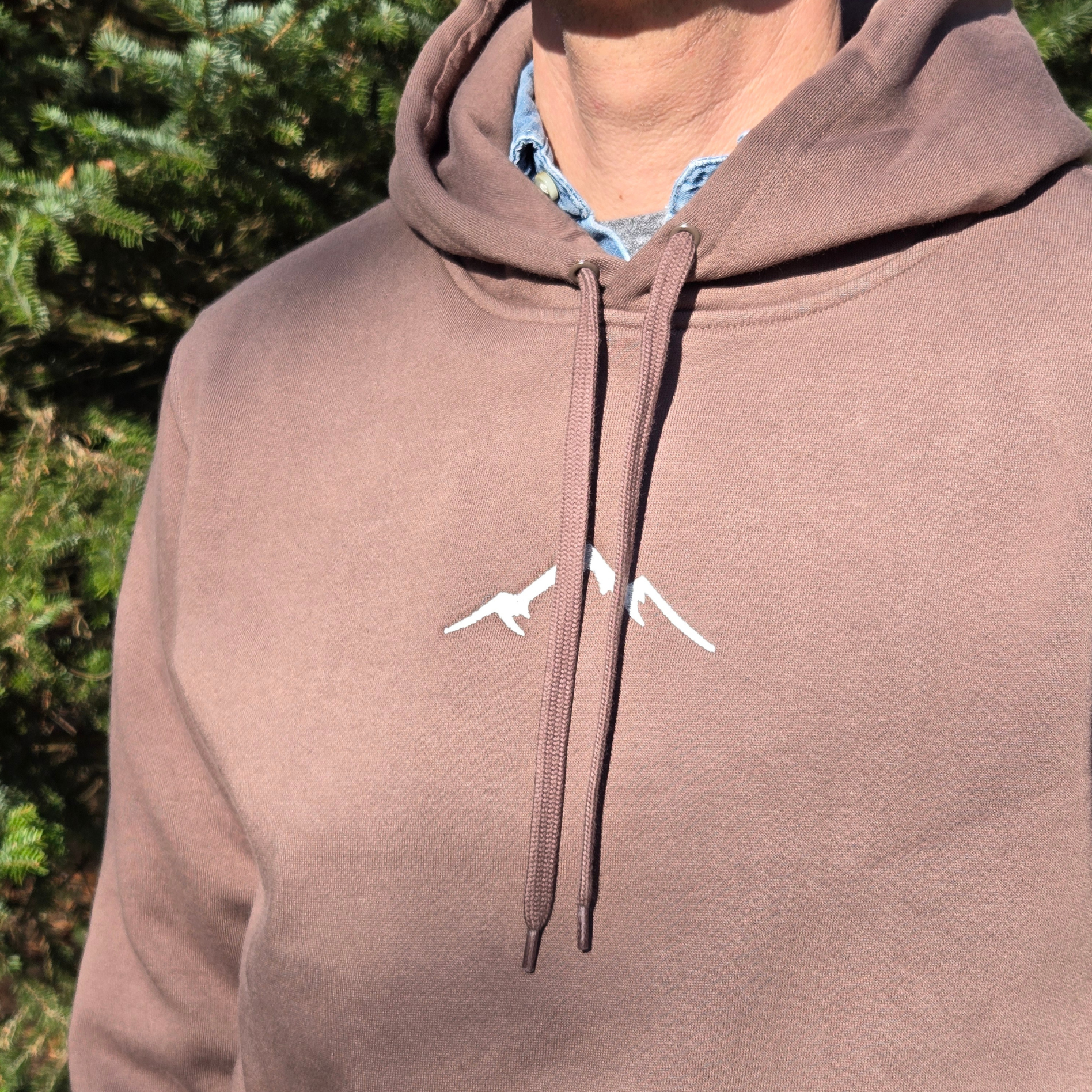 swith backcountry ski club fleece hoodie in brown with an embroidered mountain logo in off-white on the center chest worn by a man, against a fir tree green outdoor background