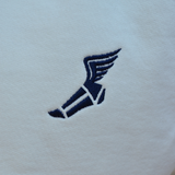 Closeup of swith apres run club relaxed crewneck hoodie embroidered winged foot