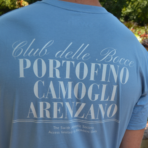 Closeup of back of swith bocce club crewneck tee in light blue with text on the back