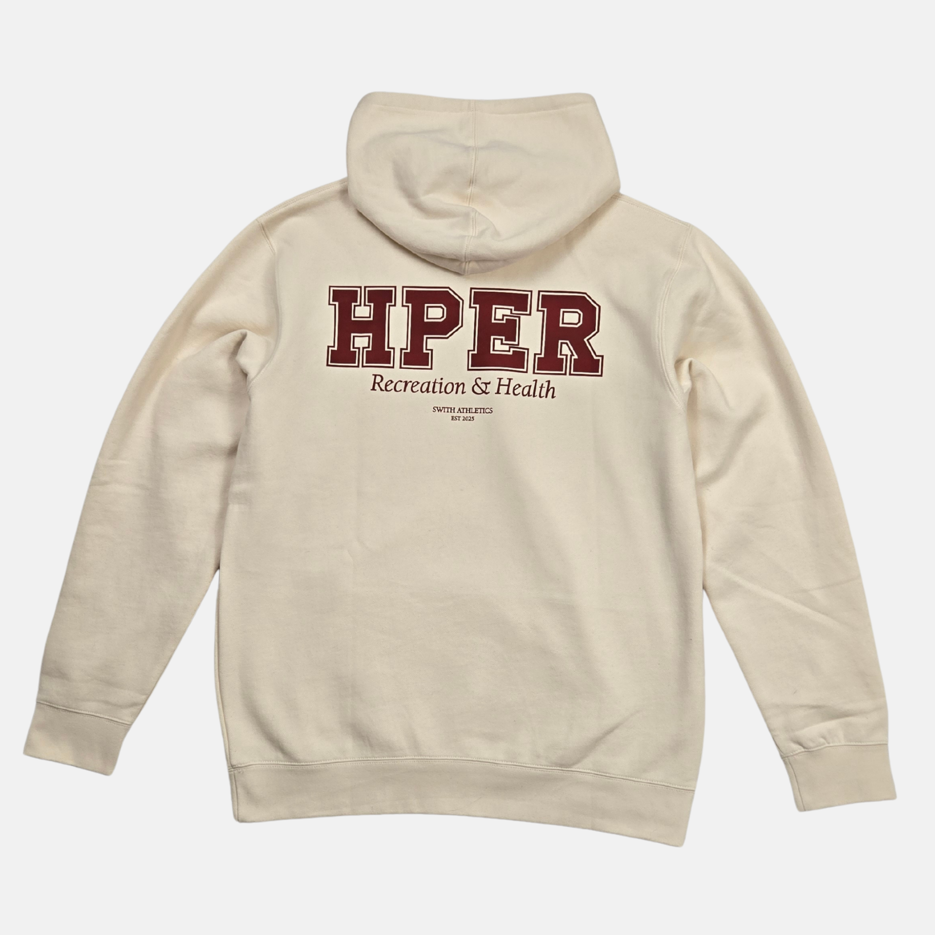 swith hper fleece hoodie in cream color with 'HPER Recreation & Health' text in crimson on the back against a white background