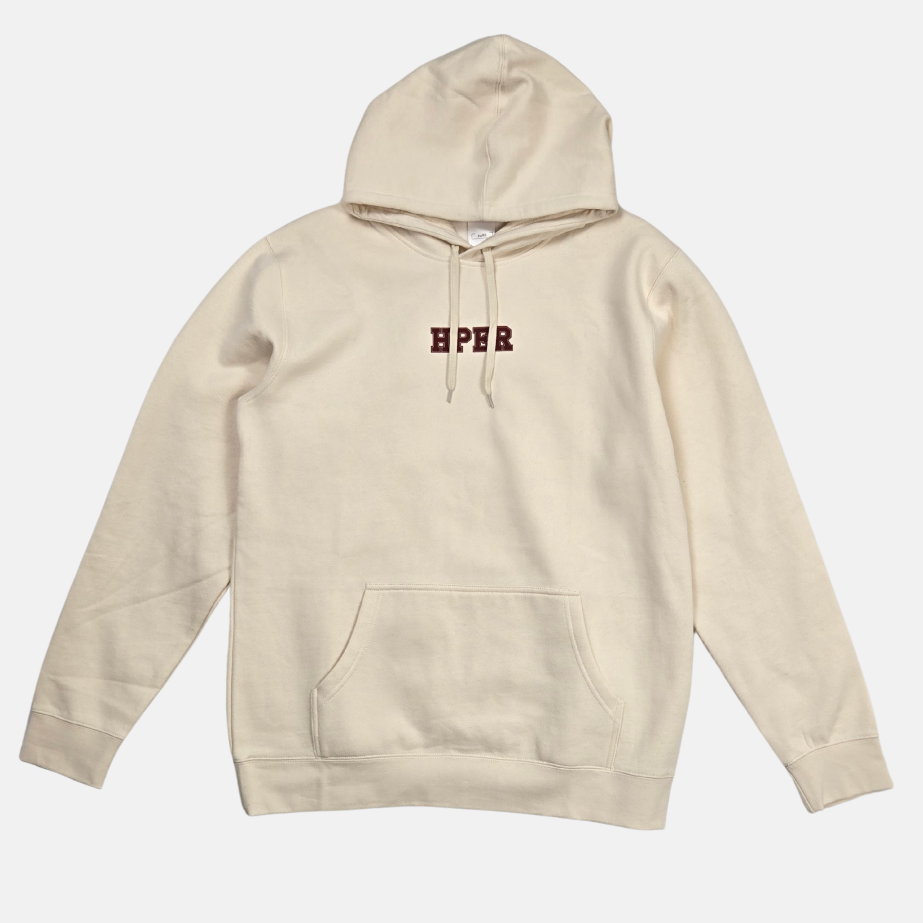 swith hper fleece cream hoodie with 'HPER' logo in crimson on a white background from the front