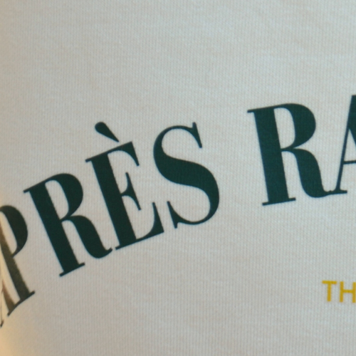 Closeup of swith apres racquet club relaxed hoodie graphics