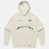 Swith brand society collection apres racquet club relaxed hoodie in cream with a racquet design and text on a light gray background