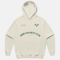 Swith brand society collection apres racquet club relaxed hoodie in cream with a racquet design and text on a light gray background
