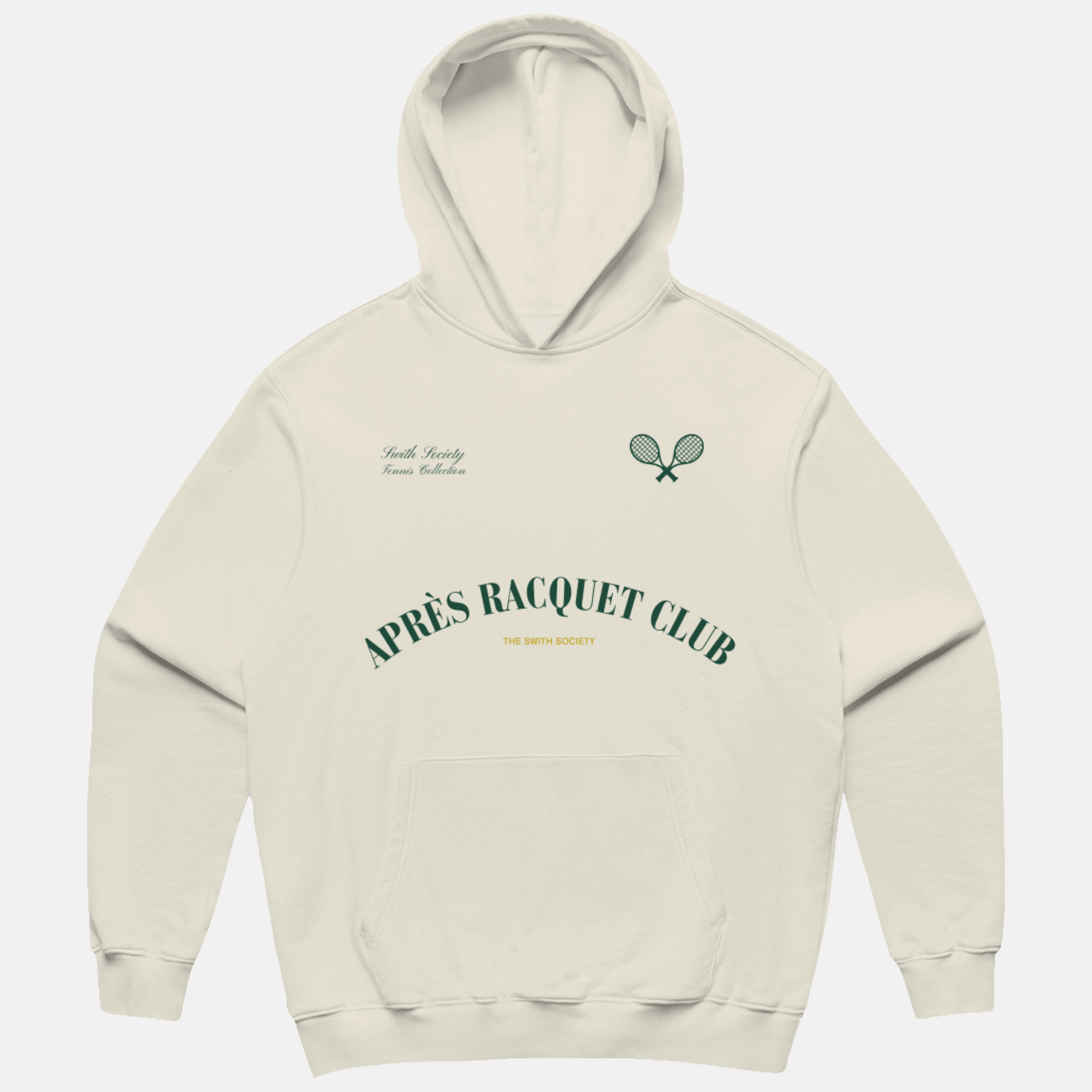 Swith brand society collection apres racquet club relaxed hoodie in cream with a racquet design and text on a light gray background