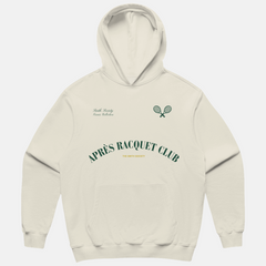 Swith brand society collection apres racquet club relaxed hoodie in cream with a racquet design and text on a light gray background