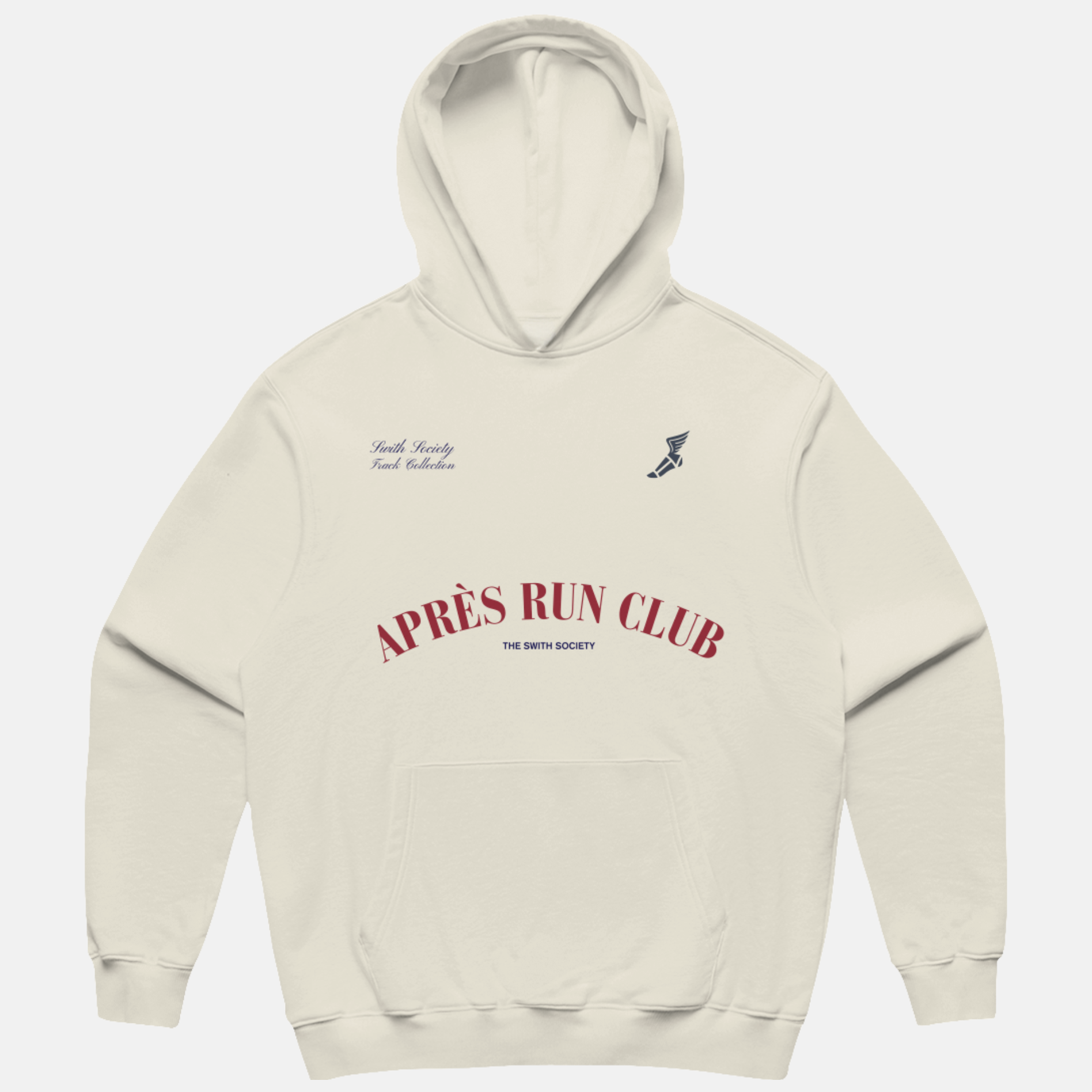 Swith brand society collection apres run club relaxed hoodie in cream with a winged foot design and text on a light gray background